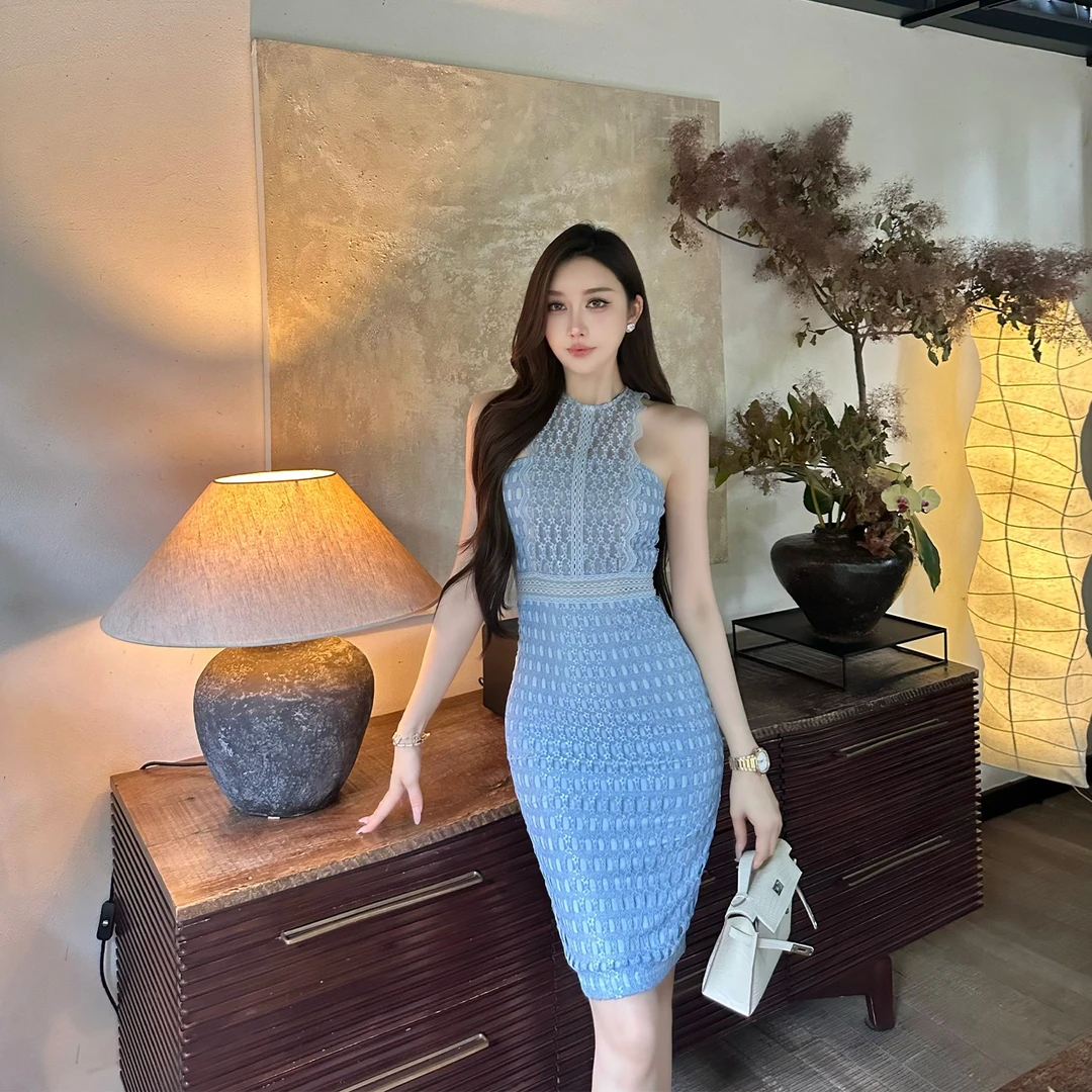 SX善喜韩版蕾丝边抹胸连衣裙女修身露背高级名媛气质性感包臀短裙