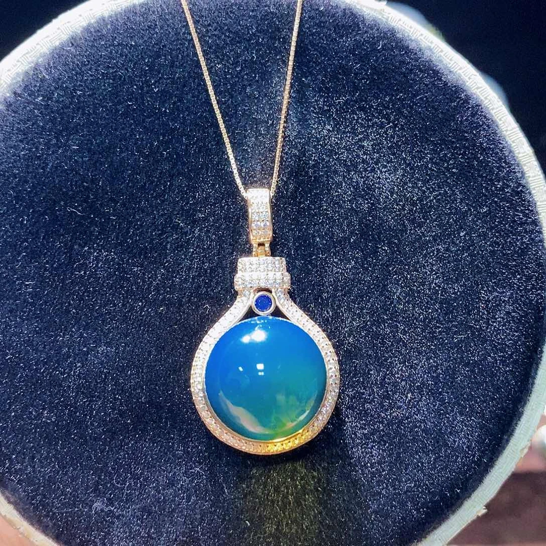 蓝珀颈饰银S925镀金镶嵌16m高蓝净水吊坠