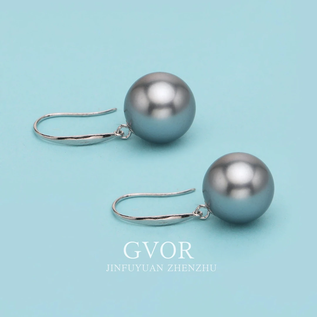 正品 铂金灰丨G18K金海水大溪地珍珠耳钩9-10mm C915
