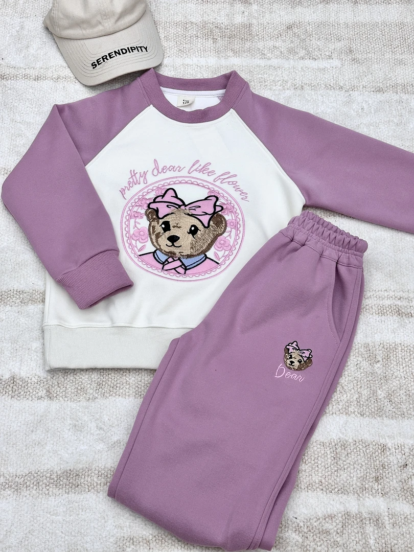 2025秋季新款儿童刺绣卫衣卫裤套装纯棉卡通童装休闲风小熊套头