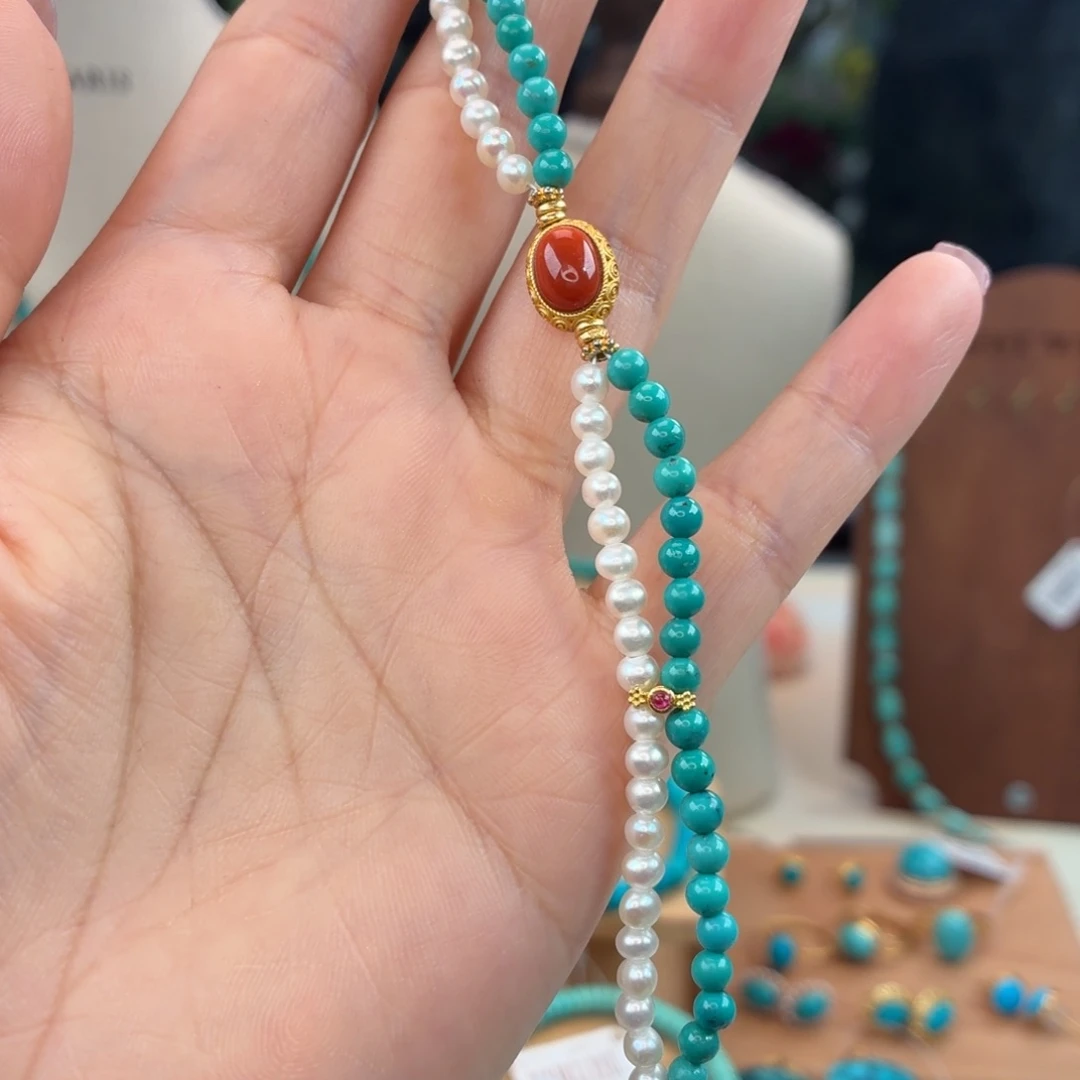 绿松石银S925镀金镶嵌手链