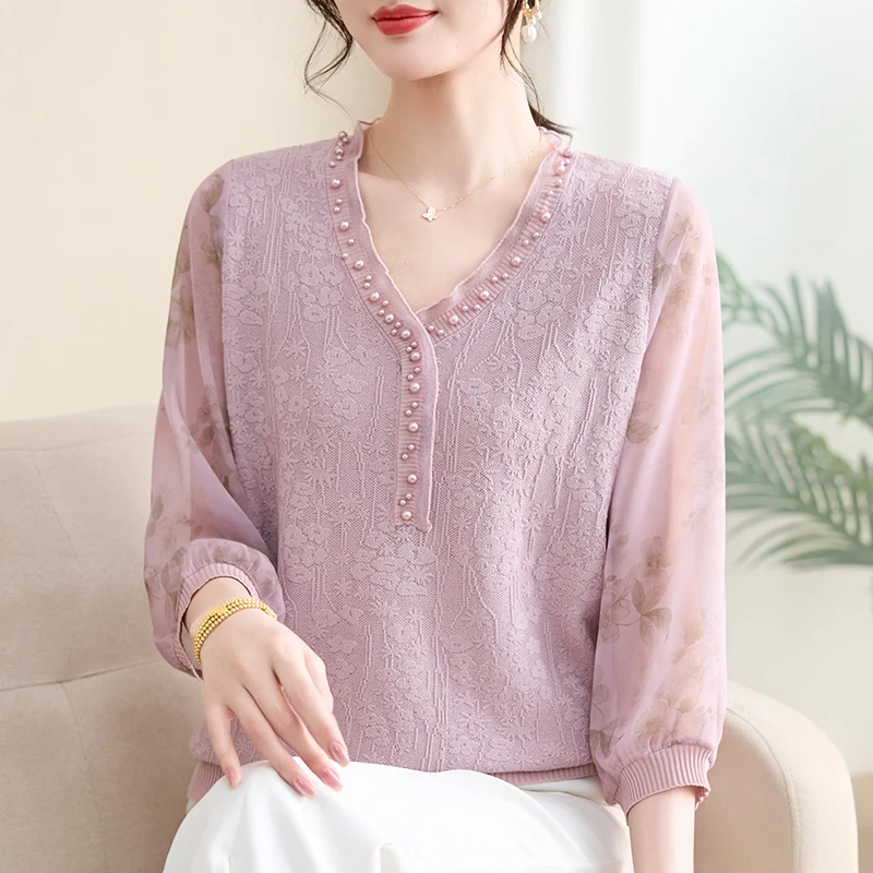 妈妈春装薄款T恤中老年女春夏V领七分纱袖针织衫洋气宽松妈妈上衣
