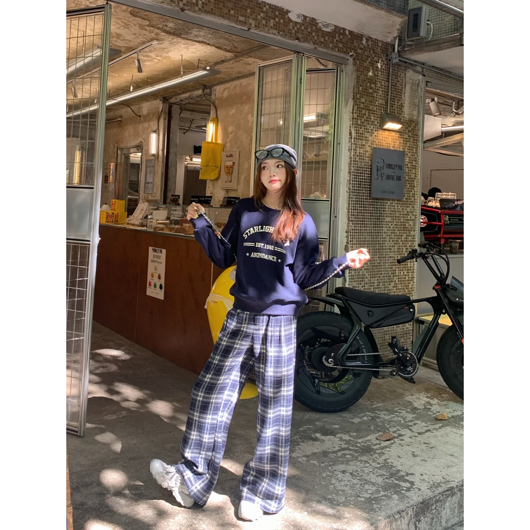 切糕自制【格物志语】小个子秋季老钱慵懒感显瘦百搭通勤格子休闲裤