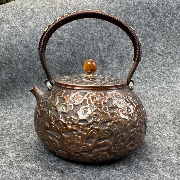 1400毫升纯铜壶大容量煮水壶加厚祥云錾刻紫铜泡茶烧水壶