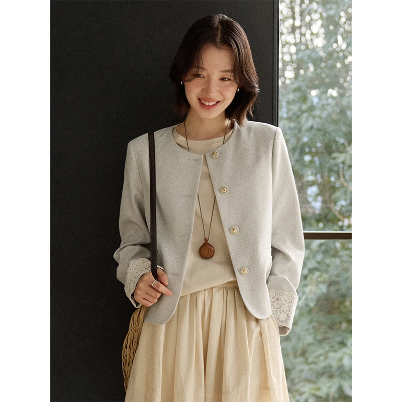 素典【圣托里尼】欧若风优雅小香风外套袖口拼接时尚正肩上衣3534