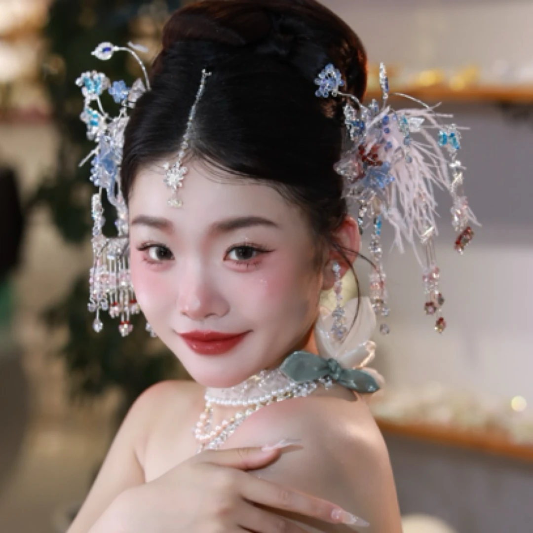 合金仿水晶婚庆饰品 12313新款浅色撞色分体秀禾带羽毛仙气