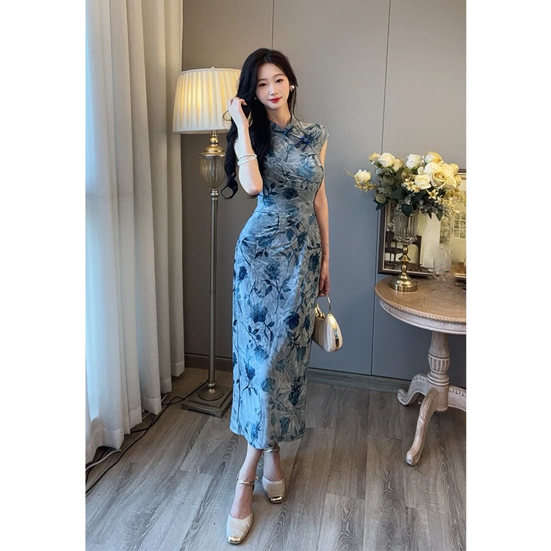 小楼家【青蓝冰水】新中式复古改良旗袍连衣裙女2025气质显瘦长裙子