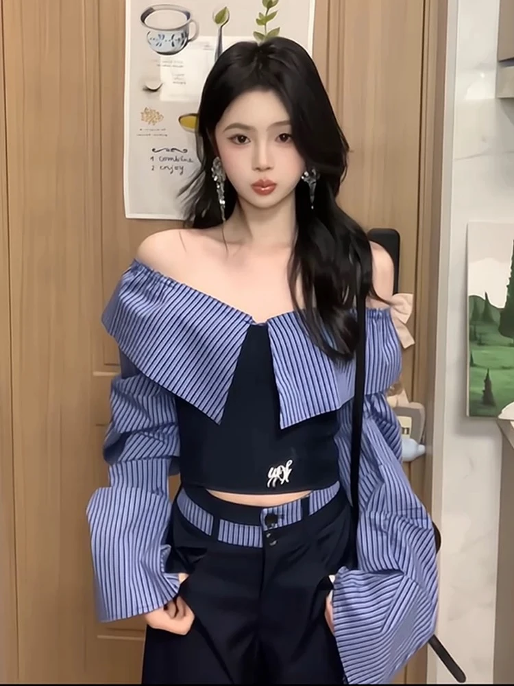 复古撞色一字肩条纹拼接长袖衬衫女春季学院风休闲阔腿裤两件套装