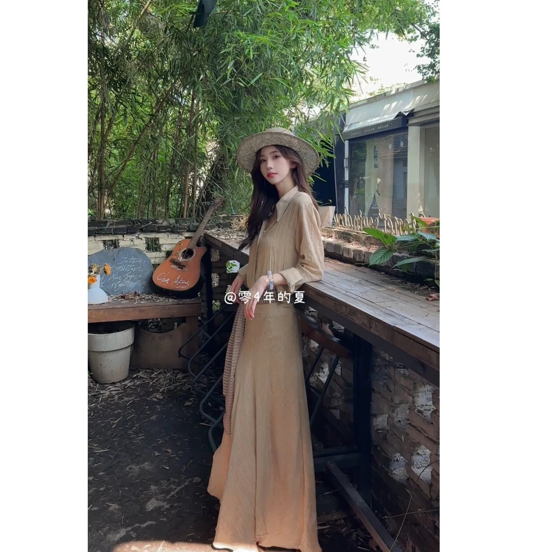 法式复古套装V领宽松高级长袖衬衫套装夏季显瘦气质轻奢连衣裙