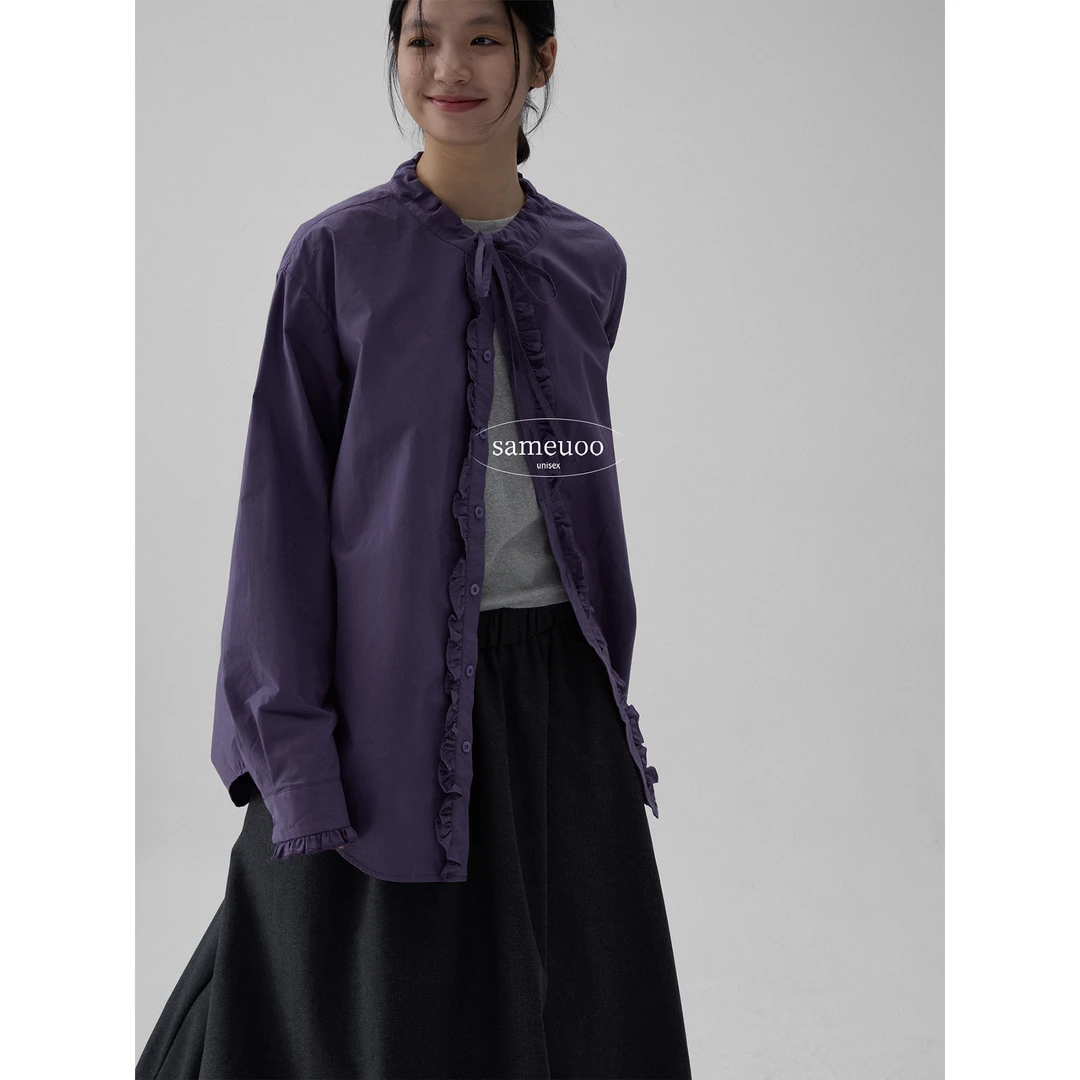 SAMEUOO散养文化木耳边绑带抽绳衬衫长袖衬衣百搭设计感春夏