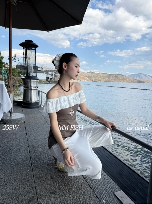 馒头（1mtt236#）荷叶边一字肩的！侧开叉的修身T恤5-13