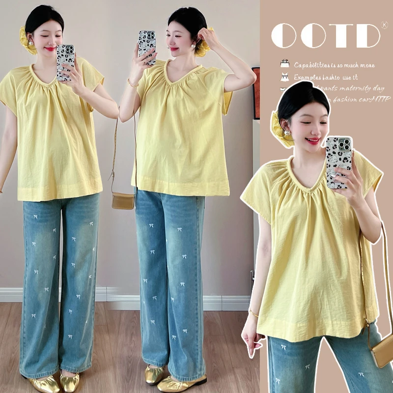 孕妇装夏季2025新款韩版气质V领短袖时尚褶皱宽松娃娃衫上衣休闲