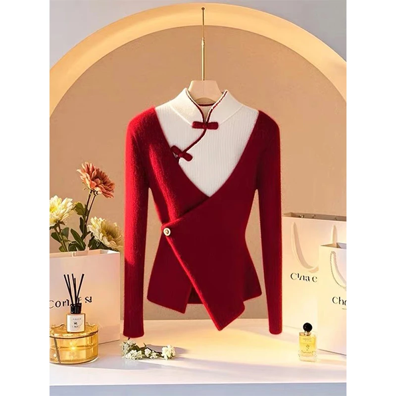 YS#新中式国风红色假两件针织衫上衣冬季新款洋气小衫DY12008