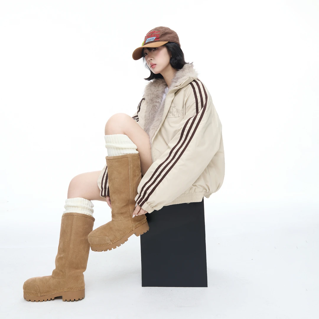 美式潮牌座山雕创意印花三道杠毛领棉服女冬季新款保暖情侣装棉衣