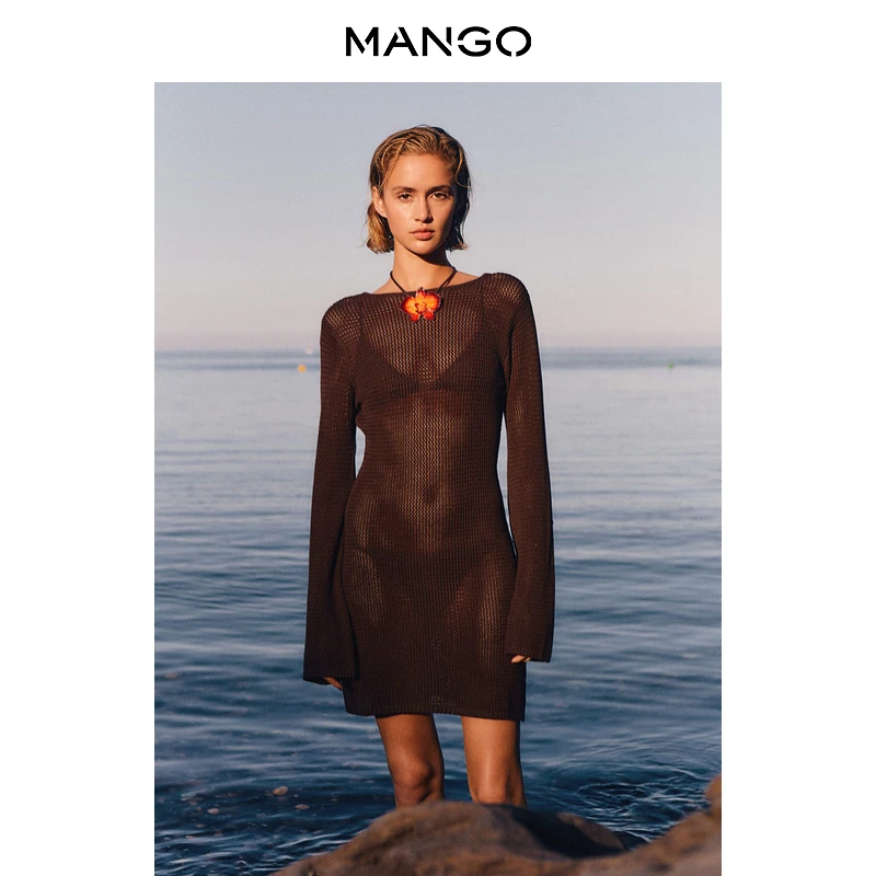 MANGO女装连衣裙2025秋装新款圆领长袖短款钩针编织露背连衣裙