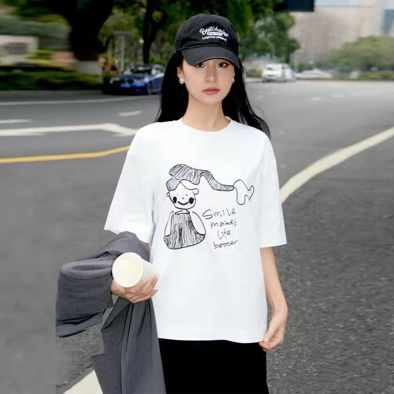 哥弟阿玛施正落肩袖T恤百搭通勤圆领情侣印花休闲短袖夏季白色