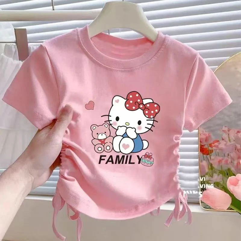 女童夏季新款抽绳T恤短袖2025洋气印花kitty猫甜美儿童短款上衣潮