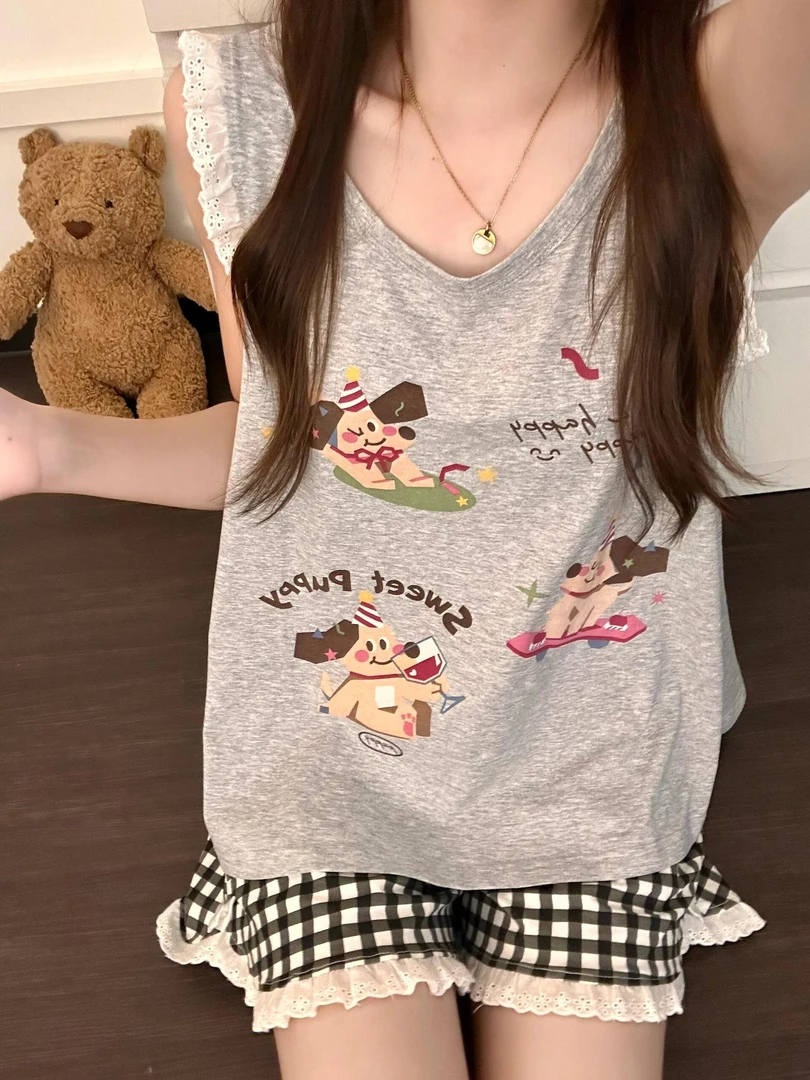 派对小狗睡衣女蕾丝花边2025年夏季新款背心短裤可外穿家居服套装