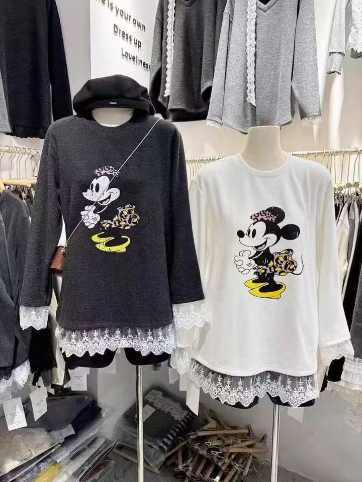 德绒秋冬新款蕾丝拼接米奇卡通印花中长款百搭打底韩版外T恤