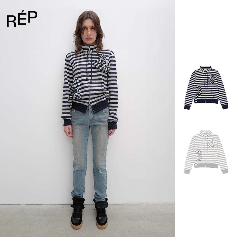 REP-OPEN YY设计师品牌藏青/灰色条纹立体花朵双拉链外套25PS新款