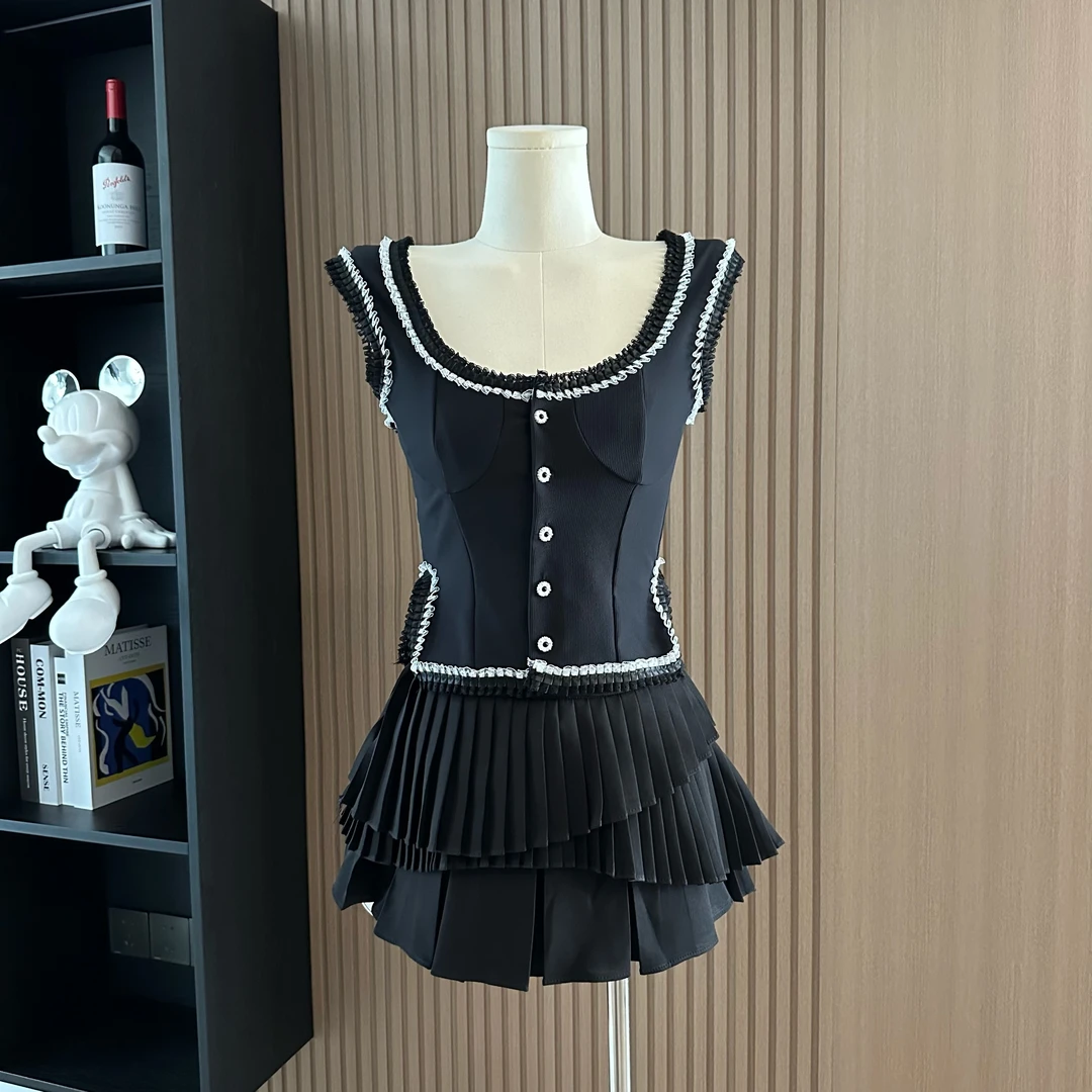 woppei 复古法式俏皮短袖多层蕾丝花边拼接设计感黑色衬衫上衣女