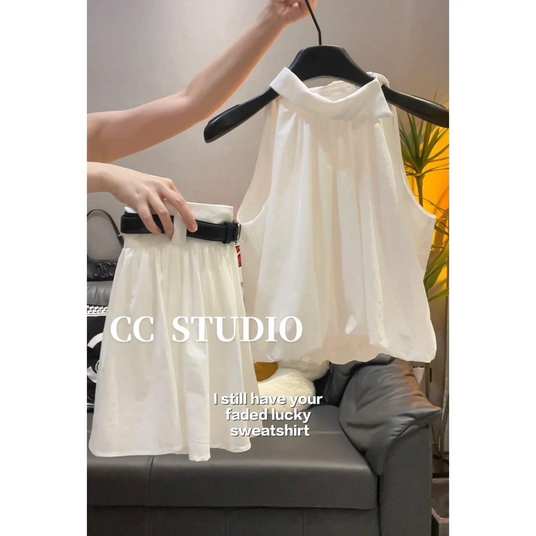 十三行韩系甜美辣妹露肩无袖背心女夏季高腰A字半身裙短裙两件套