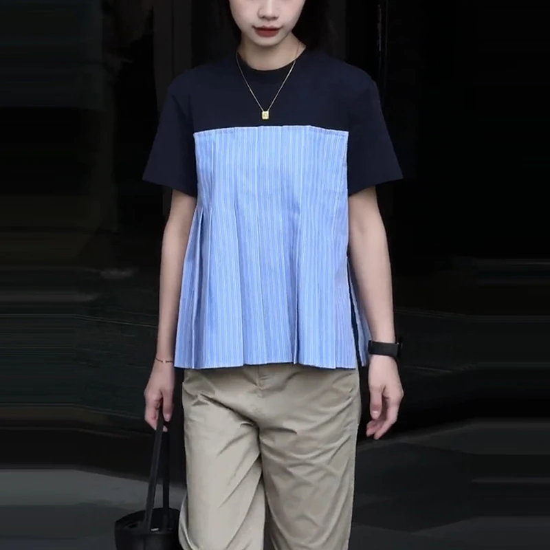 韩系设计感压褶拼接短袖衬衫女春季新款洋气别致宽松显瘦百搭上衣