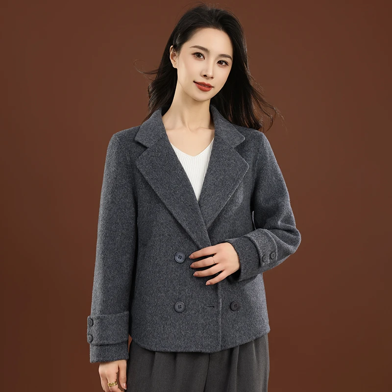 新款双面毛呢双排扣小个子短款韩版修身西装羊毛大衣外套气质百搭