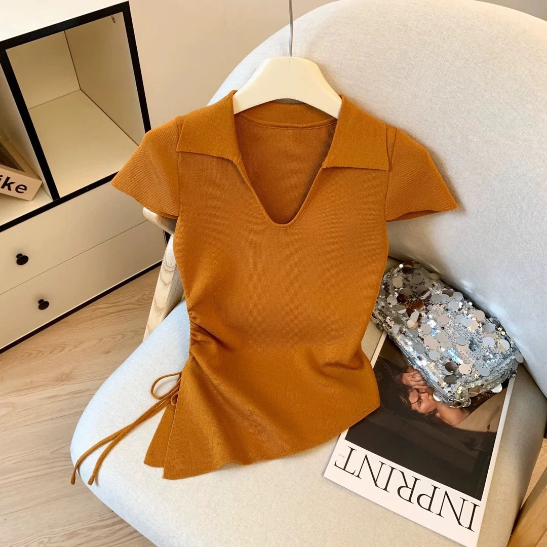 复古老钱风polo领短袖上衣女夏季不规则设计感抽绳收腰冰丝针织衫