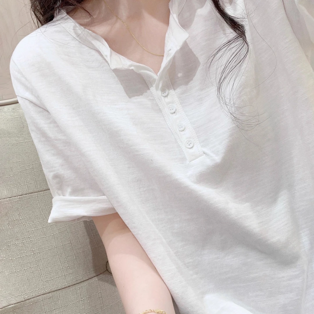 白色竹节棉半开领卷边T恤女春夏季正肩短袖休闲薄款弧形下摆上衣