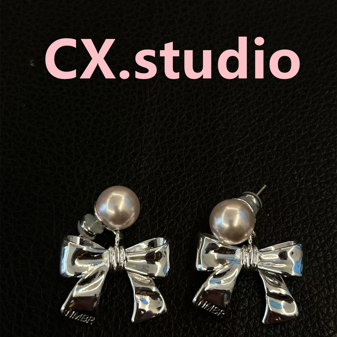 铜合金仿珍珠耳饰 粉珠蝴蝶结耳钉 8214