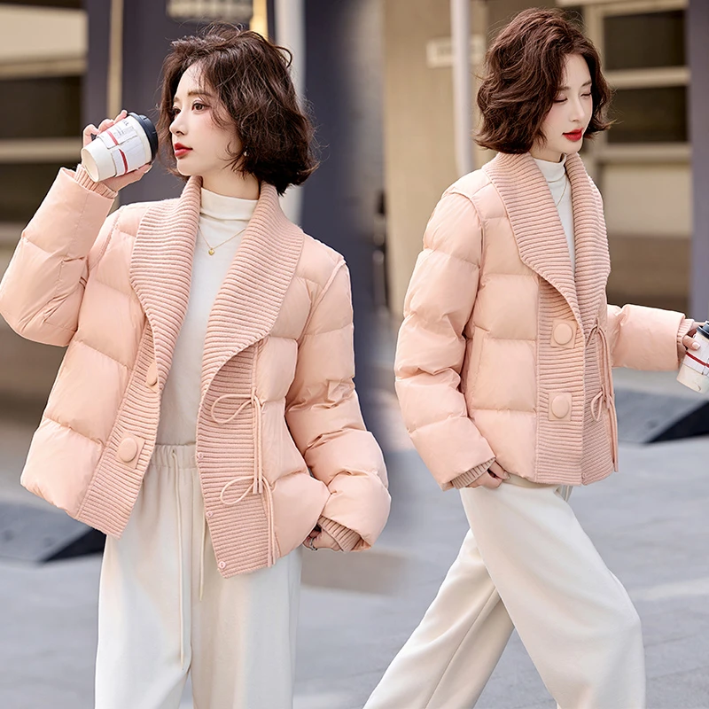 粉色小香风针织拼接羽绒服女2024冬新款减龄设计感翻领白鸭绒外套