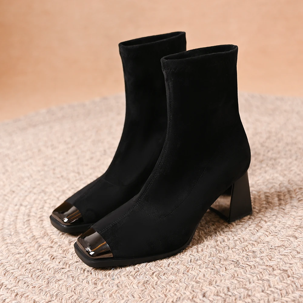 防踢金属头弹力瘦瘦靴2025秋冬新款百搭简约粗跟一脚蹬方头弹力靴