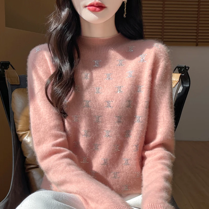 一线成衣100羊毛半高领打底衫双C烫钻纯色长袖软糯百搭女上衣