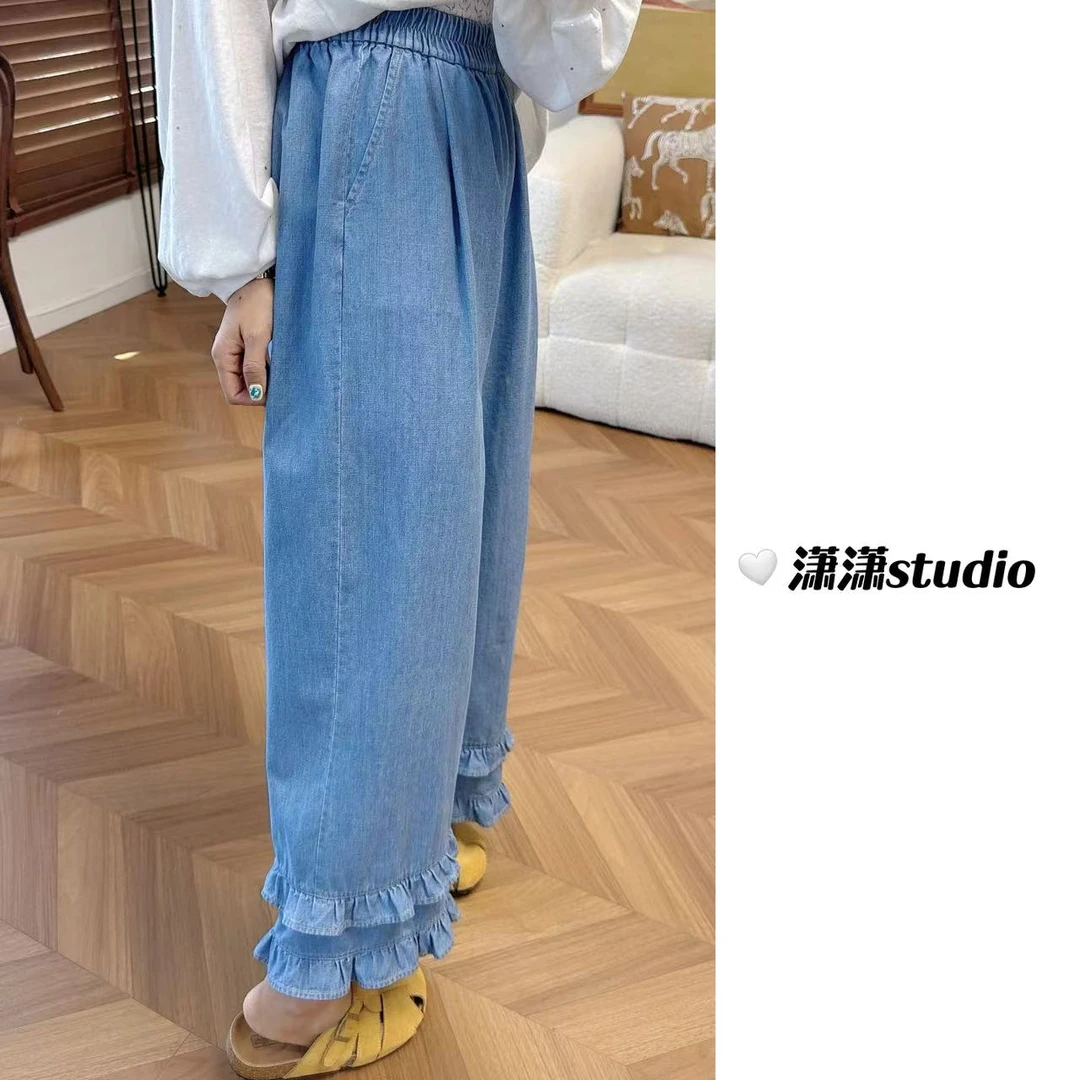 【双层花边牛仔裤】【超薄面料】潇潇松紧腰宽松版型直筒牛仔裤XY0013