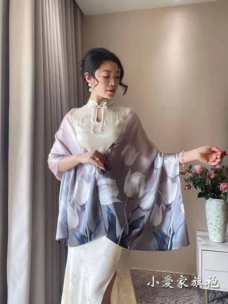 2025年春新款旗袍披肩女外搭高端真丝桑蚕丝围巾丝巾夏季薄款防晒