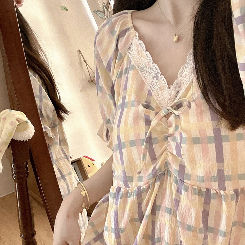 芋紫奶杏吊带睡裙夏季甜美可爱少女睡衣泡泡棉家居服女款2025新款