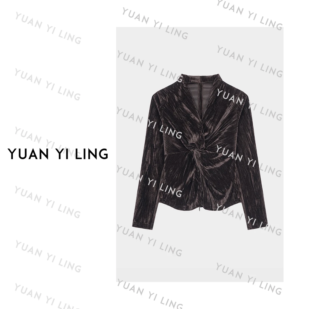 袁艺灵【金色柏林】奢华褶皱v领丝绒衫老钱风复古百搭外套春季~