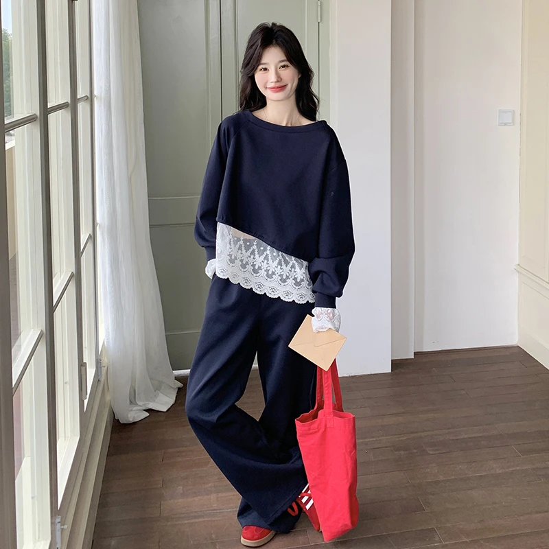 独特别致蕾丝拼接卫衣套装女2025春季新款藏青色休闲阔腿裤两件套