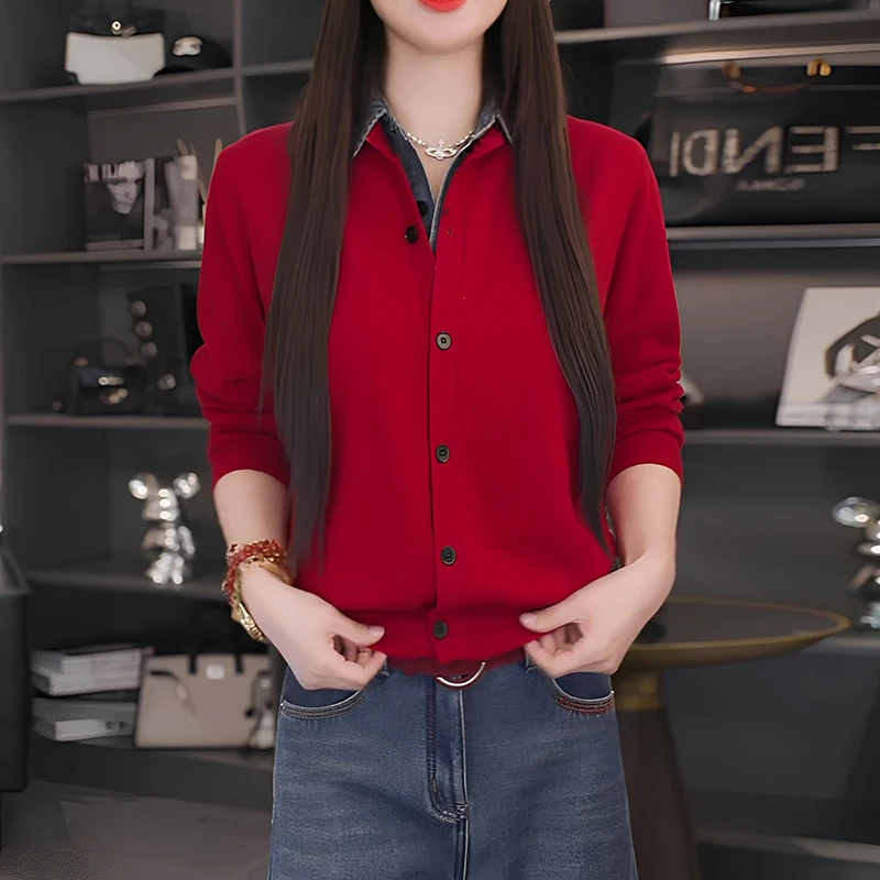 冬季新款百搭简约时尚复古气质牛仔拼接开衫针织衫2025休闲外套女