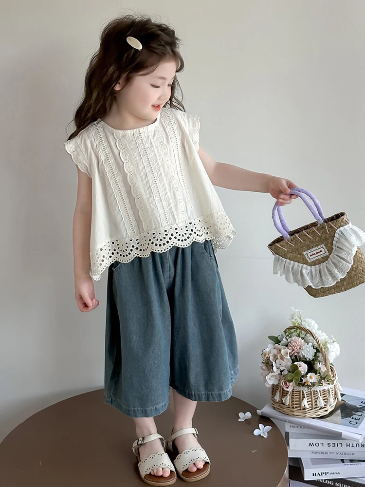 女童套装夏季2025新款洋气时髦女宝宝超好看夏装牛仔阔腿裤两件套