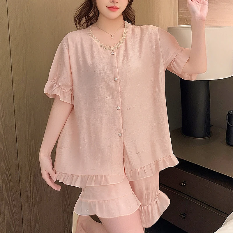 带胸垫春夏新款睡衣女云朵棉提花甜美家居服套装