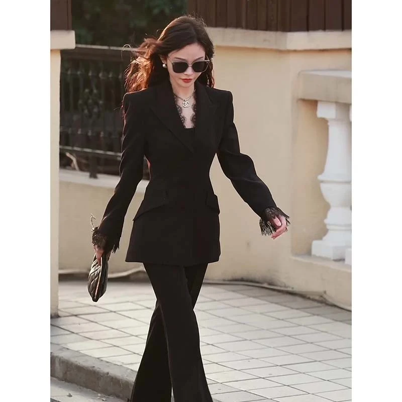 【两件套】高级感春秋气质女神范蕾丝西装套装女喇叭裤子套装D3162