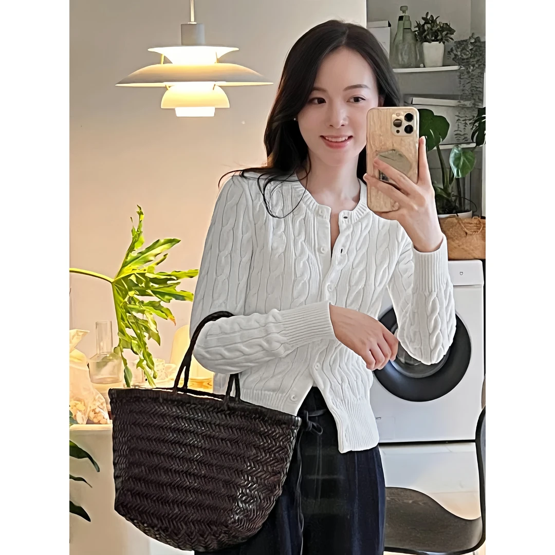 凯颖新款春秋纯棉麻花女士长袖圆领针织开衫外套修身显瘦休闲毛衣