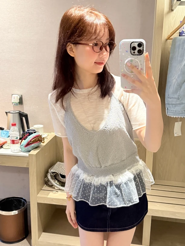 【羊陈通】针织吊带背心短袖两件套减龄甜美春夏设计感