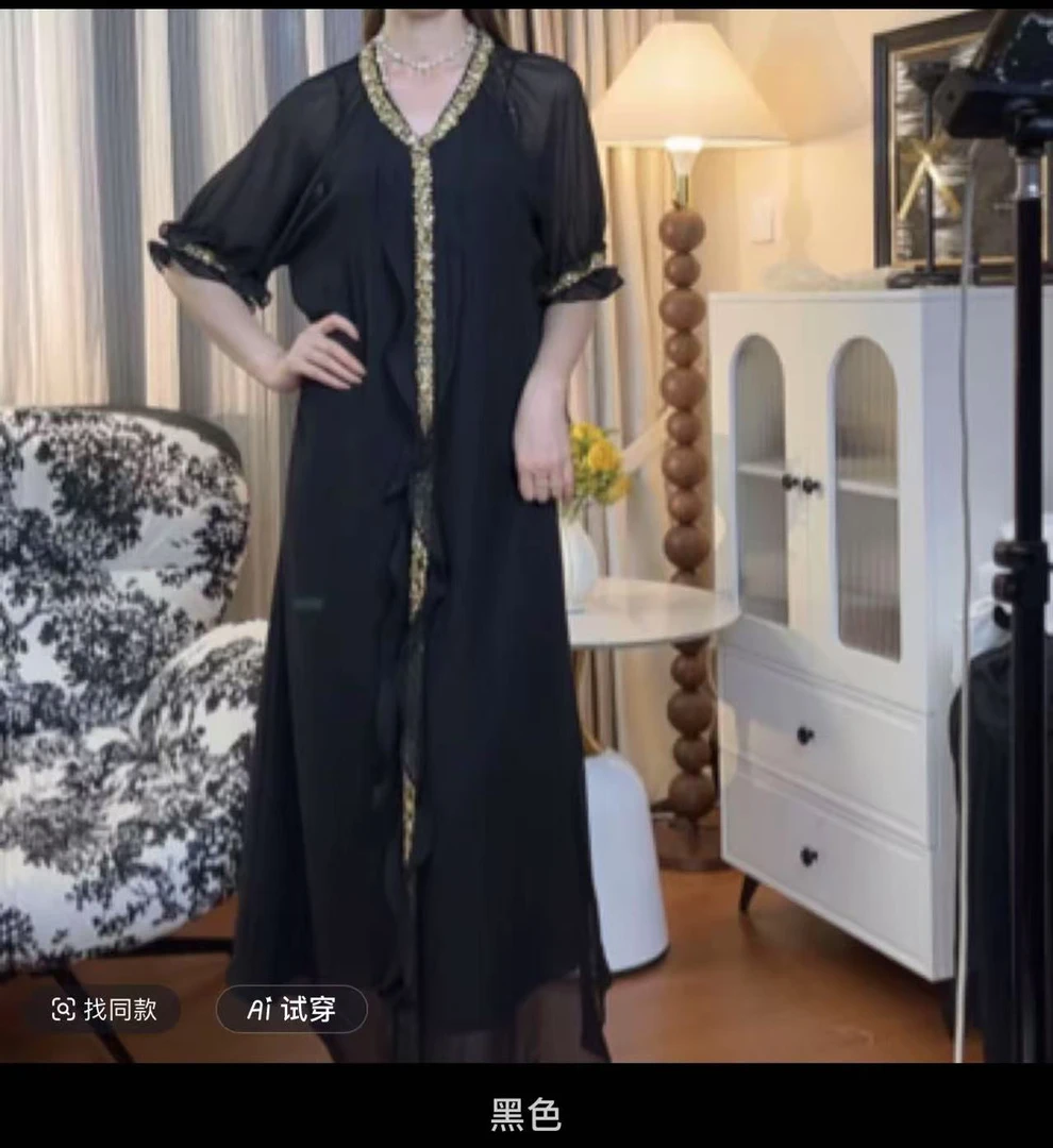 V型领重工金花边优雅女士春夏季长款连衣裙