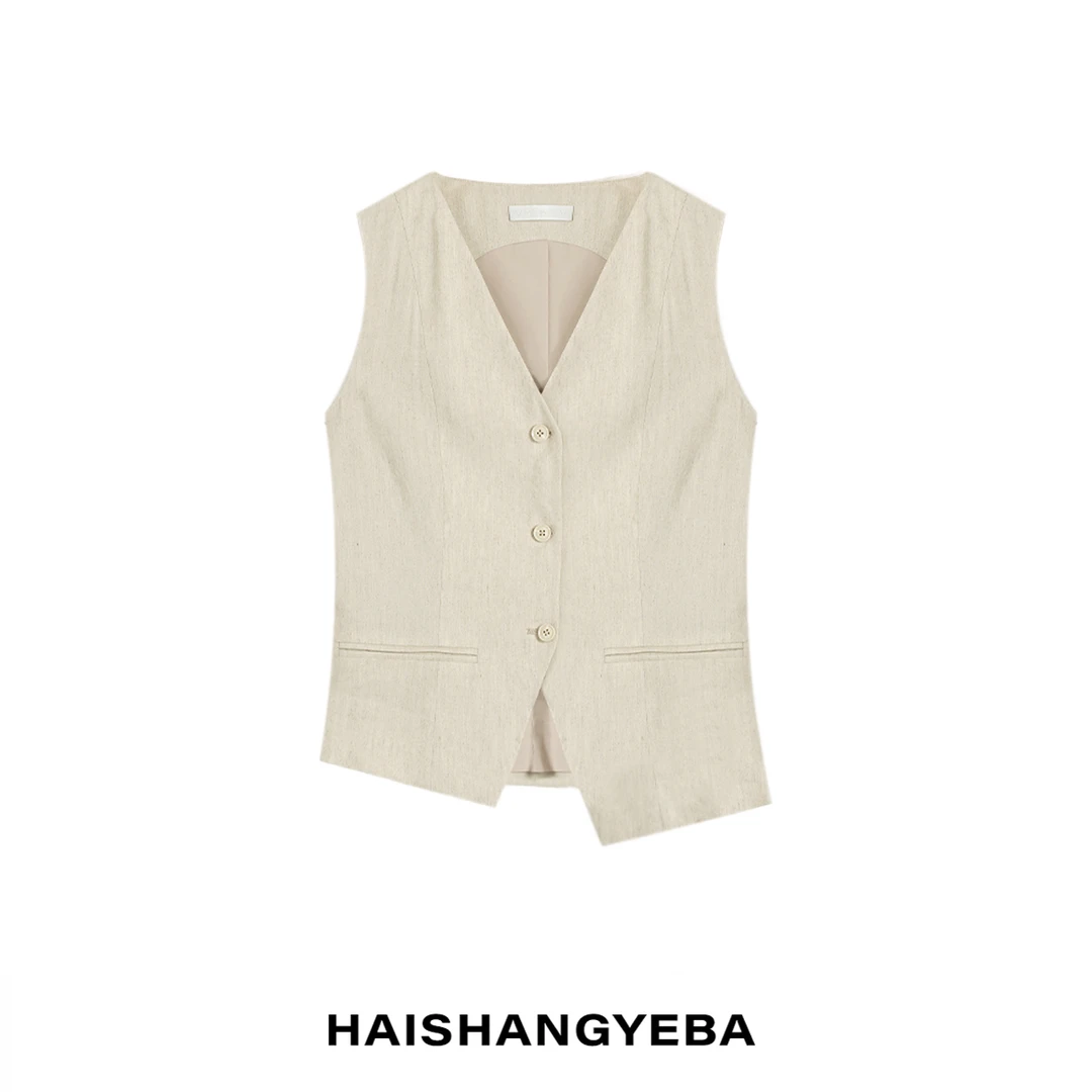 【海上叶爸】新款2025夏季百搭亚麻V领宽松休闲无袖马甲背心