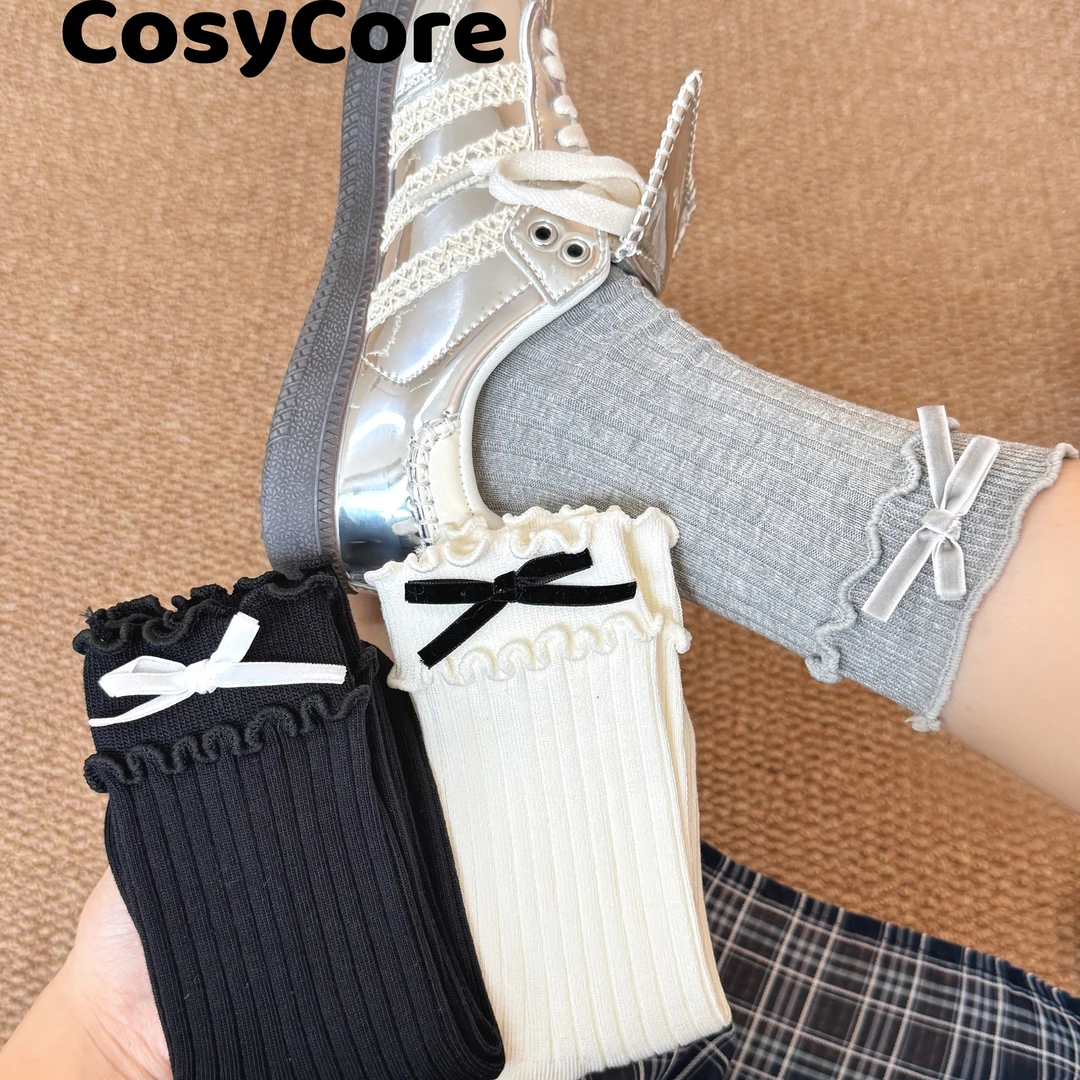 芭蕾风丝绒蝴蝶结中筒袜双层木耳边韩ins秋冬堆堆袜百搭纯色棉袜