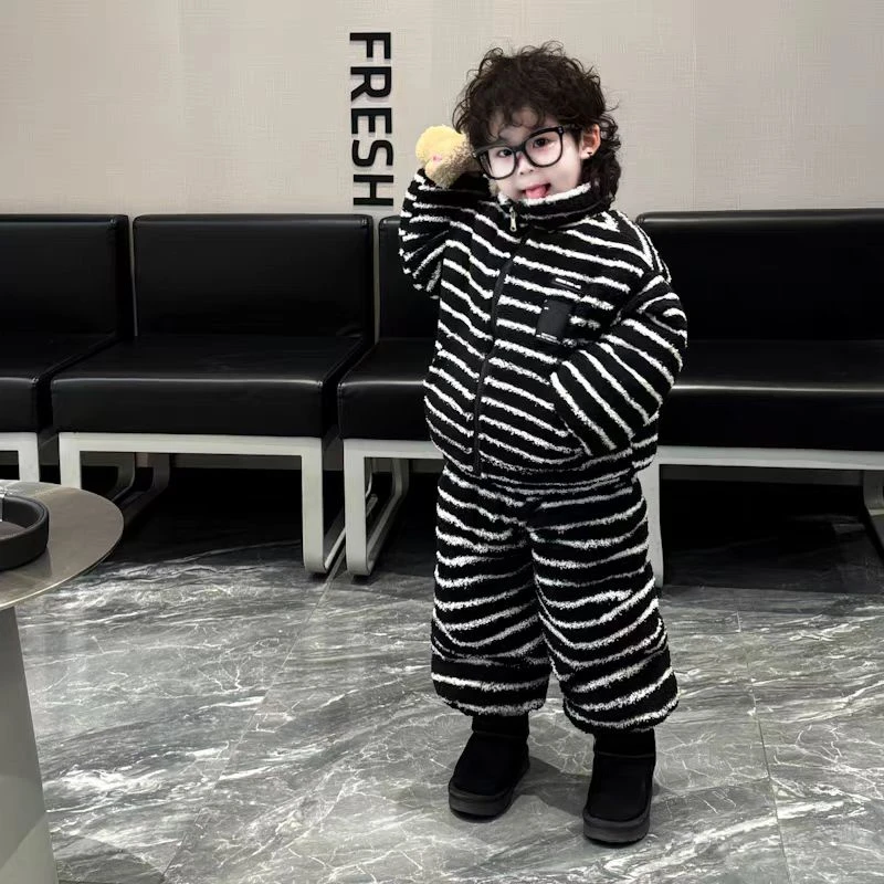【原版品质三层800克加厚】男女童套装家居服儿童条纹冬2024新款