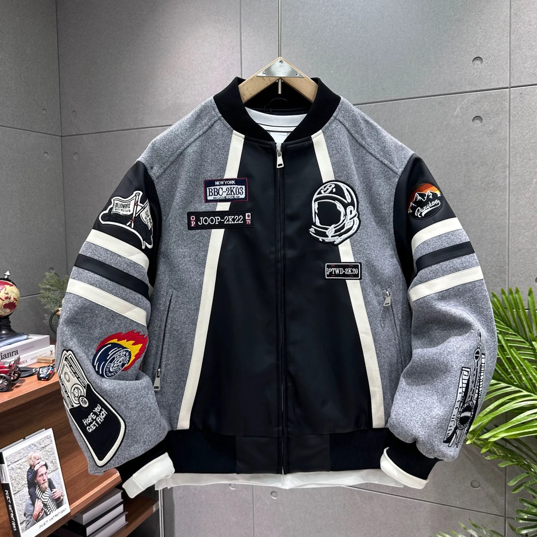 拼接男美式连帽棒球夹克上衣保暖情侣刺绣春季帅气